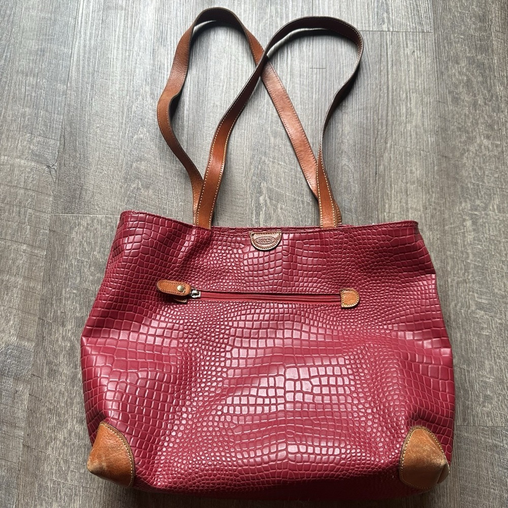 brics tote bag Red Croco Large Natural Leather Trim Tote Purse Pebbled Textured